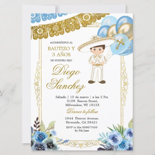 Mexican Blue and Gold Charro Baptism and Third Inv Invitation