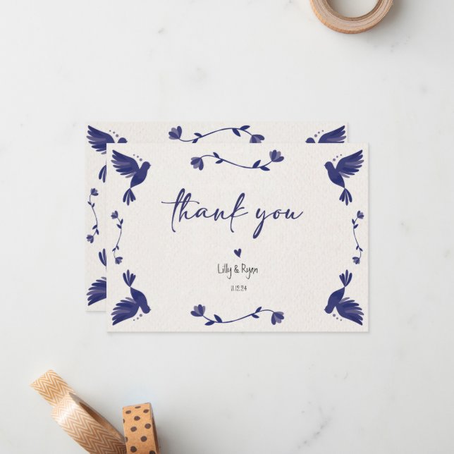 Mexican Blue Bird Fiesta Bridal Thank You Note Card (Front/Back In Situ)
