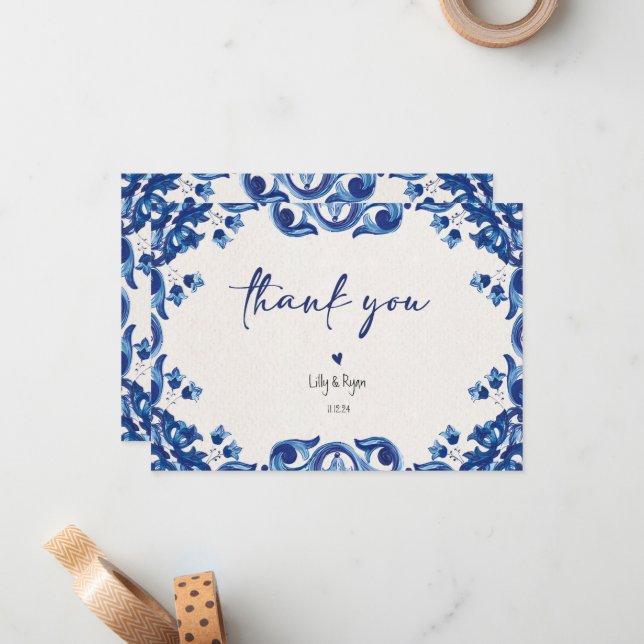 Mexican Blue Fiesta Bridal Thank You Note Card (Front/Back In Situ)