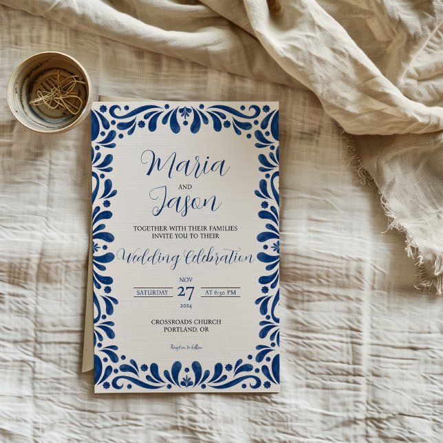 Mexican Blue Floral Classic Aesthetic Boda Wedding Invitation (Mexican Blue Floral Classic Aesthetic Boda Wedding Invitation)