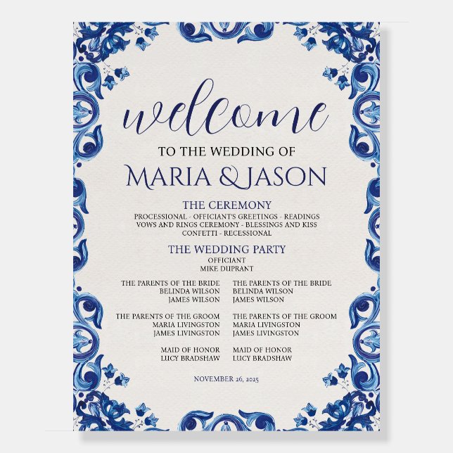 Mexican Blue Floral Elegant Fiesta Wedding Program Foam Board (Front)