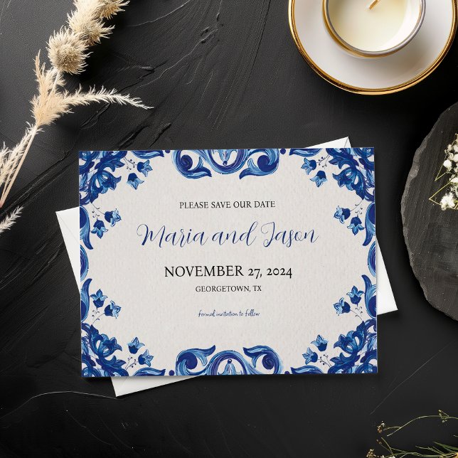 Mexican Blue Floral Elegant Fiesta Wedding Save The Date (Mexican Blue Floral Elegant Fiesta Wedding Save The Date)