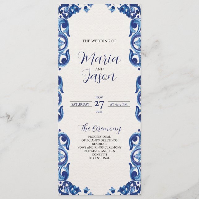 Mexican Blue Floral Elegant Flowers Fiesta Wedding Program (Front)