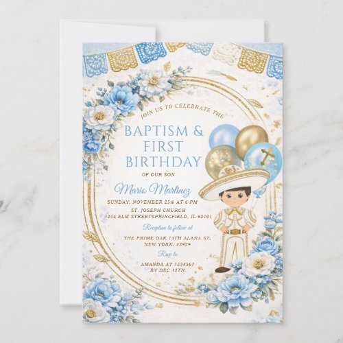 Mexican Blue gold Boy baptism and first birthday Invitation