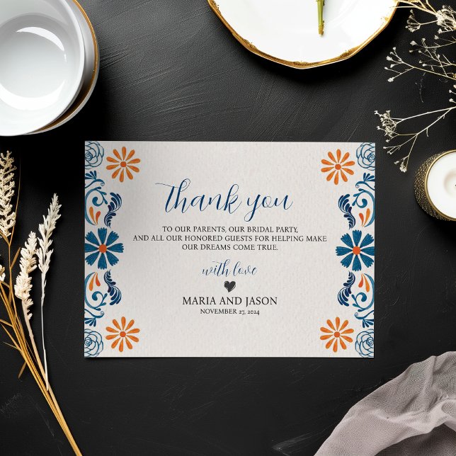 Mexican Blue Orange Floral Elegant Fiesta Wedding Thank You Card (Mexican Blue Orange Floral Elegant Fiesta Wedding Thank You Card)