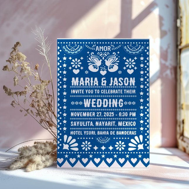 Mexican Blue Papel Picado Fiesta Folk Art Wedding Invitation (Mexican Blue Papel Picado Fiesta Folk Art Wedding Invitation)