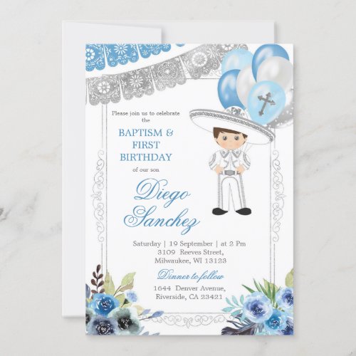 Mexican Blue Silver Baptism and Third Birthday Invitation