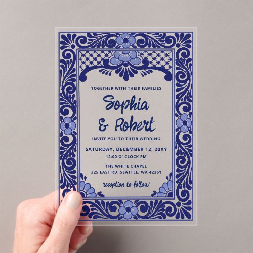 Mexican Blue Talavera Wedding Acrylic Invitations