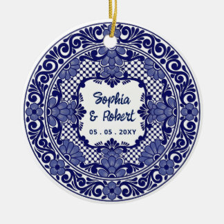 Mexican Blue Talavera Wedding Ceramic Ornament