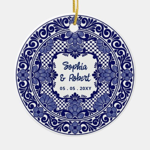 Mexican Blue Talavera Wedding Ceramic Ornament