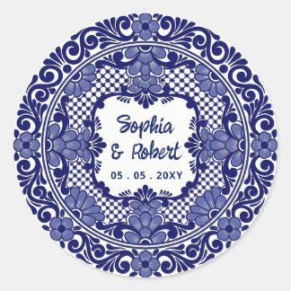 Mexican Blue Talavera Wedding Classic Round Sticker