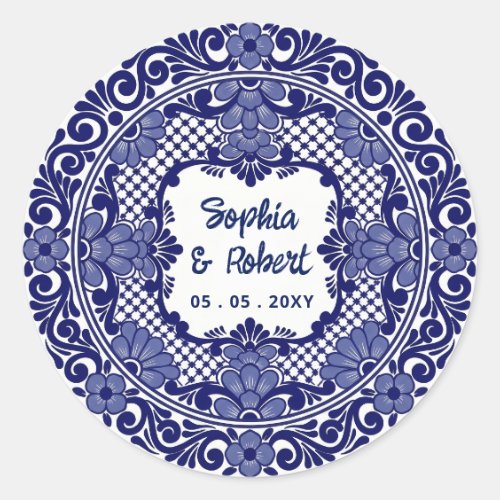 Mexican Blue Talavera Wedding Classic Round Sticker