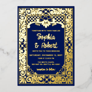 Mexican Blue Talavera Wedding Foil Invitation