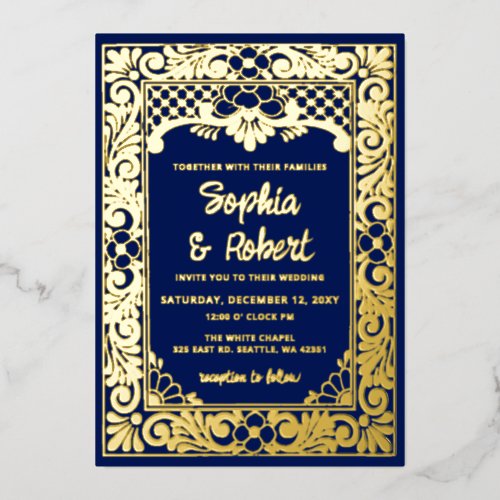 Mexican Blue Talavera Wedding Foil Invitation