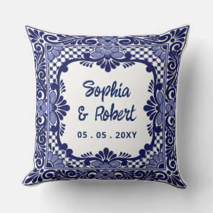 Mexican Blue Talavera Wedding Throw Pillow