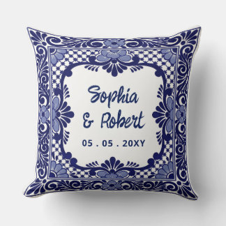 Mexican Blue Talavera Wedding Throw Pillow
