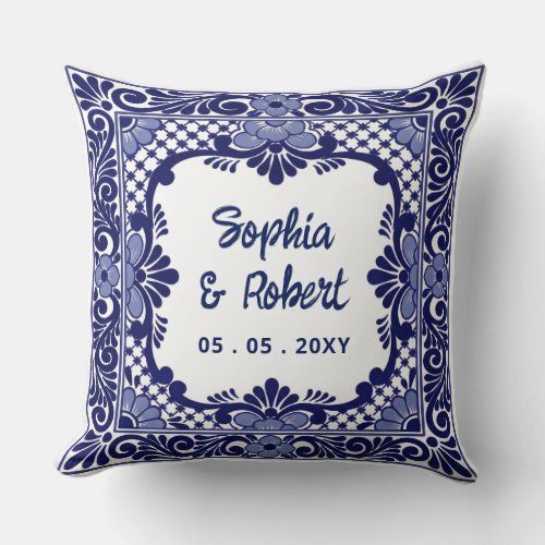 Mexican Blue Talavera Wedding Throw Pillow