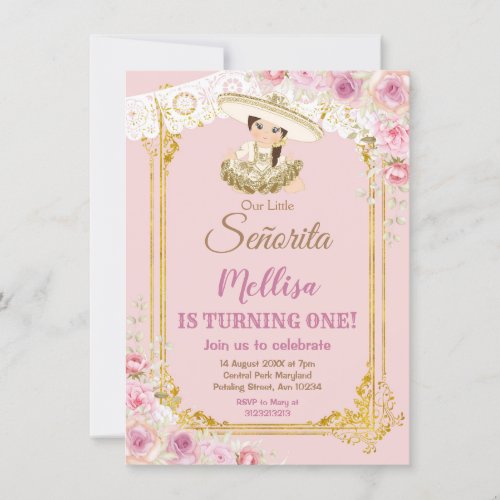 Mexican Blush Pink and Gold Girl Fiesta Birthday  Invitation