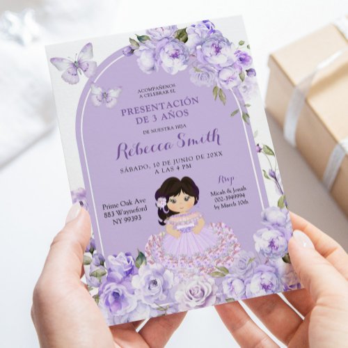 Mexican Boho Purple Floral Presentacion de 3 AnÌƒos Invitation