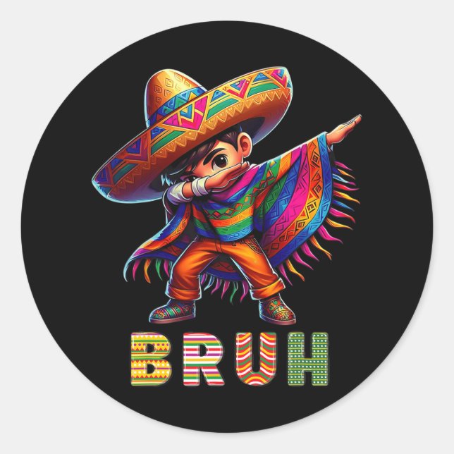 Mexican Boy Dabbing Poncho Cinco De Mayo Funny Bru Classic Round Sticker (Front)