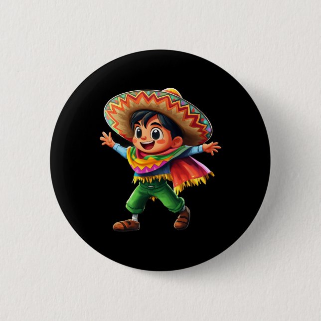 Mexican Boy Fiesta Poncho Cinco De Mayo Kids Celeb Button (Front)