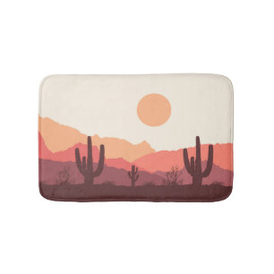 Mexican burgundy and orange desert landscape bath mat