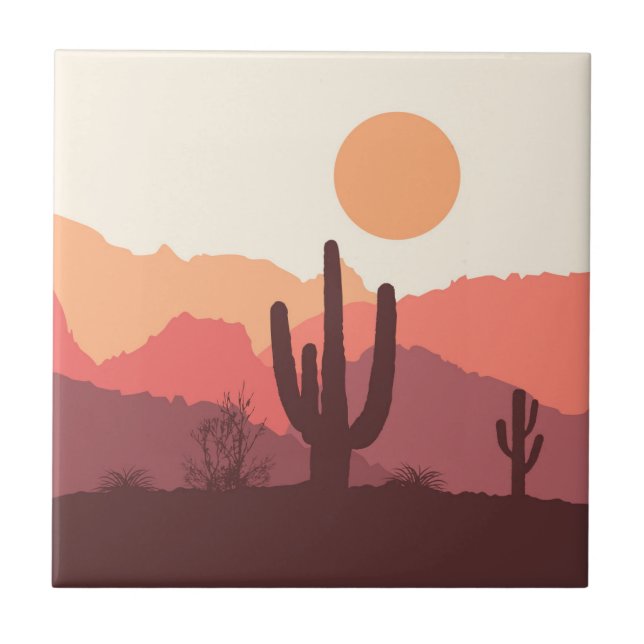 Mexican burgundy and orange desert landscape ceramic tile (Front)