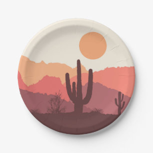 Mexican burgundy and orange desert landscape paper plates