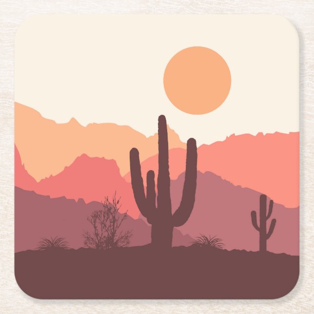 Mexican burgundy and orange desert landscape square paper coaster (Front)