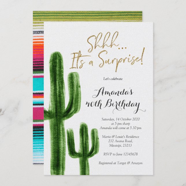 Mexican Cactus Surprise Birthday Party Invitation (Front/Back)