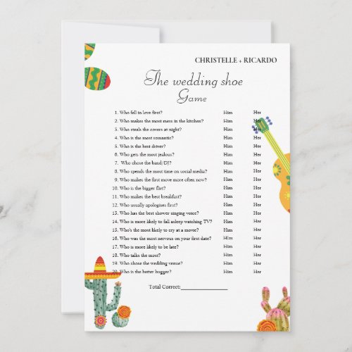 Mexican Cactus Wedding shoe game party game Card