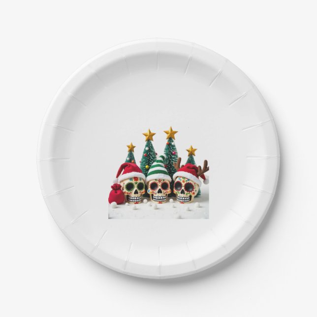 Mexican Calavera Santa Flower Sugar Skull Christma Paper Plates (Front)