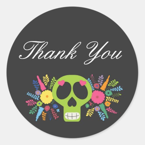 Mexican Calavera Sugar Skull Floral Edgy Thank You Classic Round Sticker
