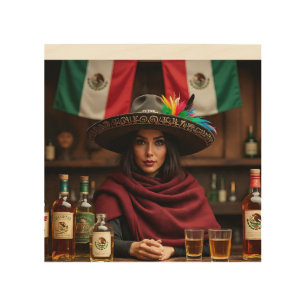 Mexican Cantina Portrait — Woman in Charro Sombrer Wood Wall Art