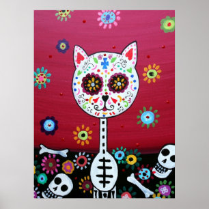 MEXICAN CAT DIA DE LOS MUERTOS PAINTING POSTER