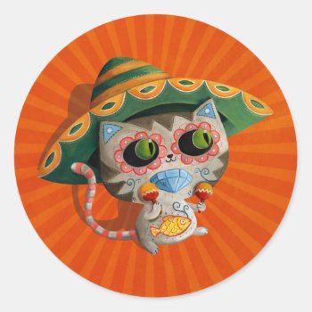 Mexican Cat With Sombrero Classic Round Sticker by partymonster at Zazzle