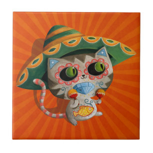 Mexican Cat with Sombrero Tile