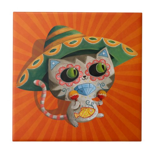 Mexican Cat with Sombrero Tile