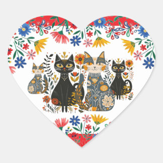 Mexican Cats and Flowers, Heart Sticker