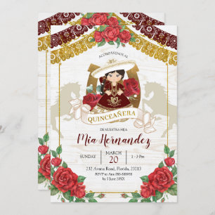 Mexican Charra Burgundy Red Quinceanera Western In Invitation
