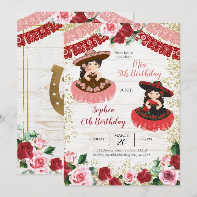 Mexican Charra Pink and Red Rose Sibling Birthday  Invitation (Front/Back)