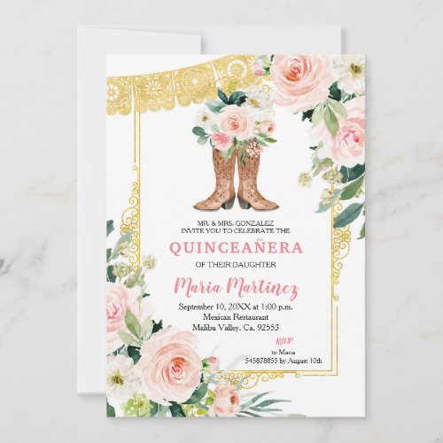 Mexican Charro Boots Pink and Gold Quinceaera  Invitation