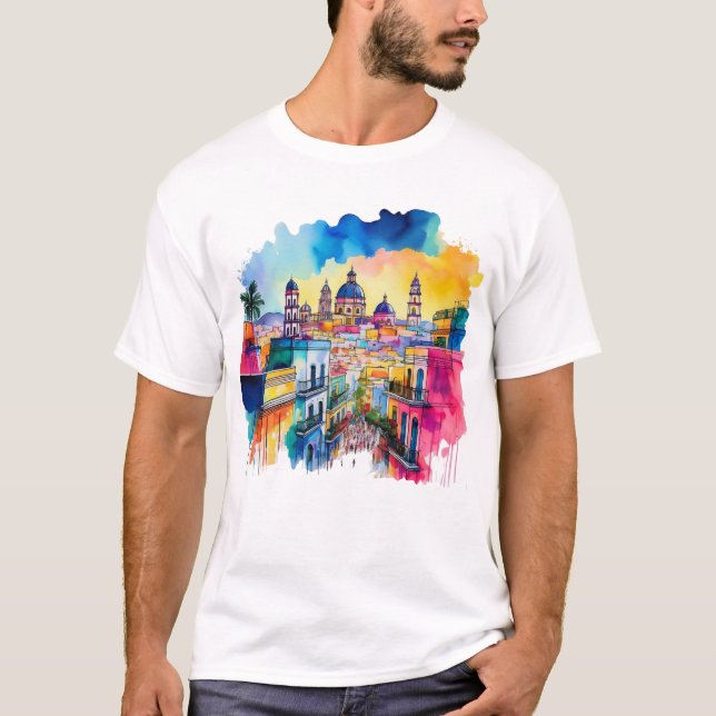Mexican City Watercolour Art T-Shirt (Front)