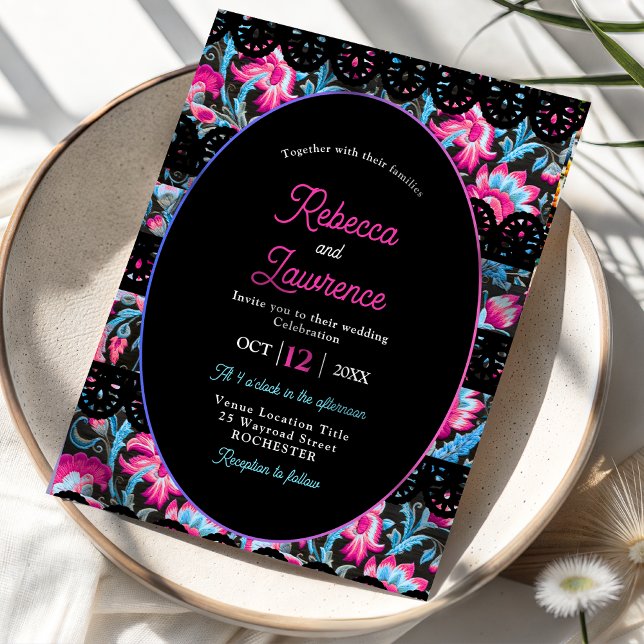 Mexican colorful black floral wedding invitation (Creator Uploaded)