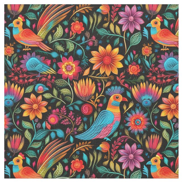 Mexican colorful botanical pattern fabric (Close Up)