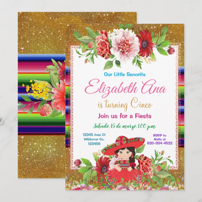 Mexican Colorful Fiesta Birthday Red Girl    Invitation (Front/Back)