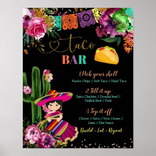 Mexican Colorful Fiesta Floral Birthday Taco Bar Poster