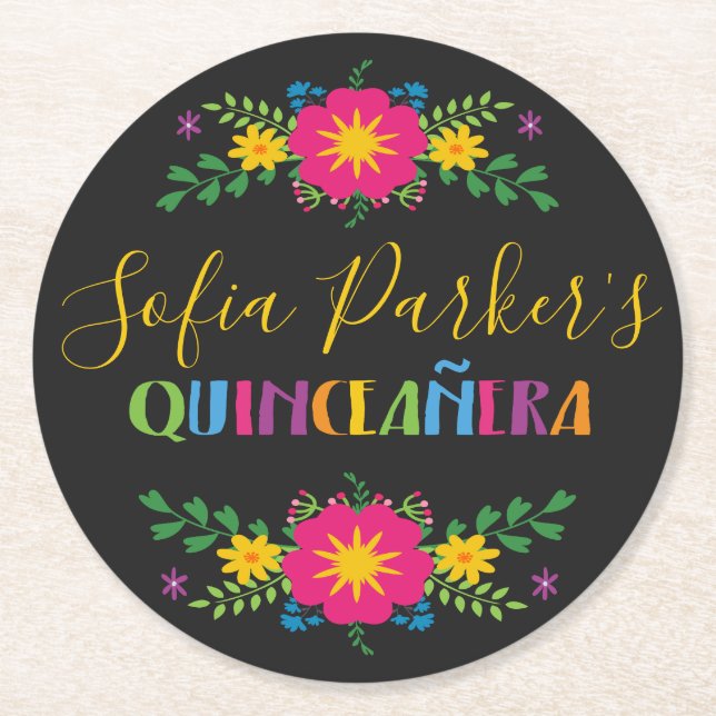 Mexican colorful Fiesta Quinceañera Round Paper Coaster (Front)