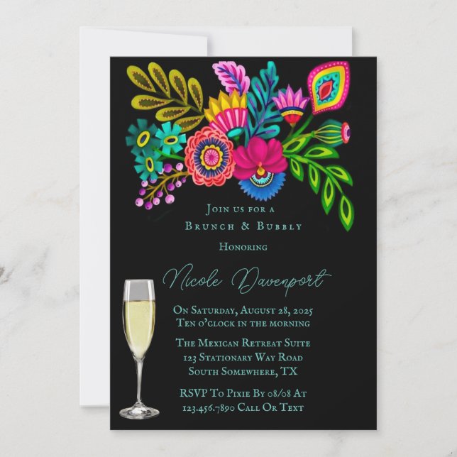 Mexican Colorful Flora Brunch and Bubbly  Invitation (Front)