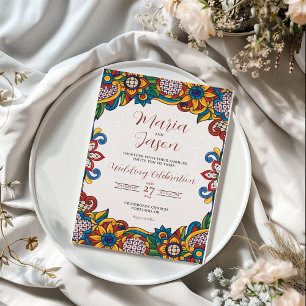 Mexican Colorful Floral Folk Art Flowers Wedding Invitation